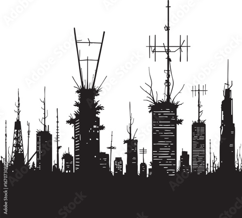 Overgrown skyscrapers outline. Futuristic post-human skyline in vector style.