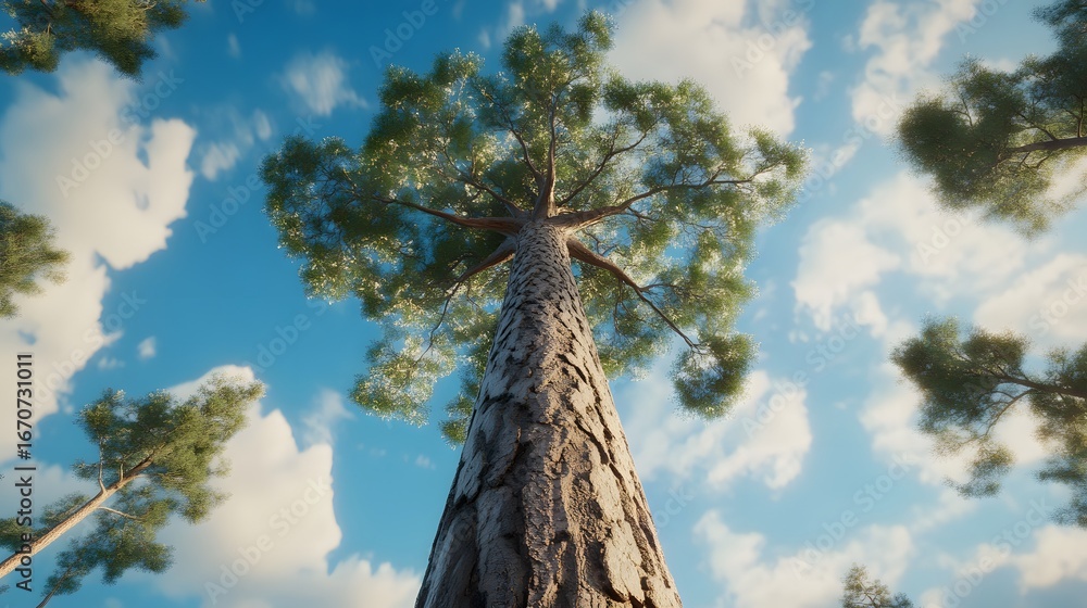 Fototapeta premium Majestic Tall Pine Tree in Forest Canopy Low Angle View