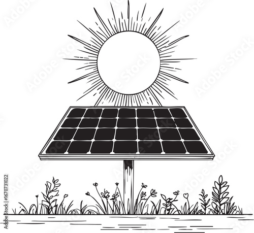 Solar panel and sun outline. Minimalist vector symbol of renewable energy and sustainability.