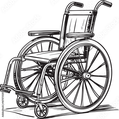 Vintage wheelchair outline. Classic spoked design in black and white vector format.