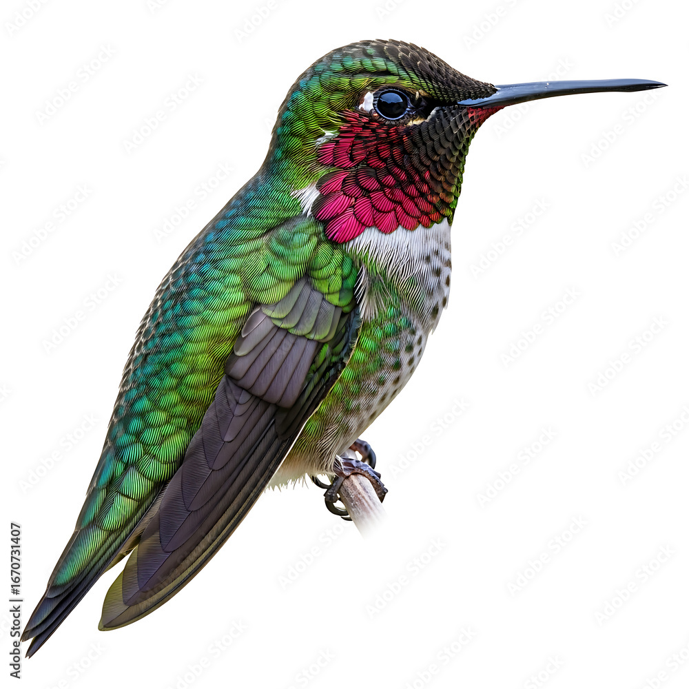 Fototapeta premium Close up of a colorful hummingbird perched on a branch against a plain white background image view
