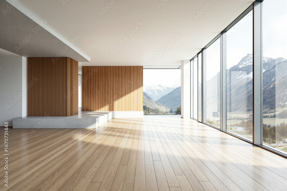 Fototapeta premium Minimalist interior design with wood accents and panoramic mountain view through floor-to-ceiling windows in spacious open living area. Ai generative