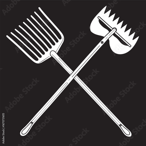 Garden rake and hoe outline. Minimalist vector of traditional gardening hand tools.