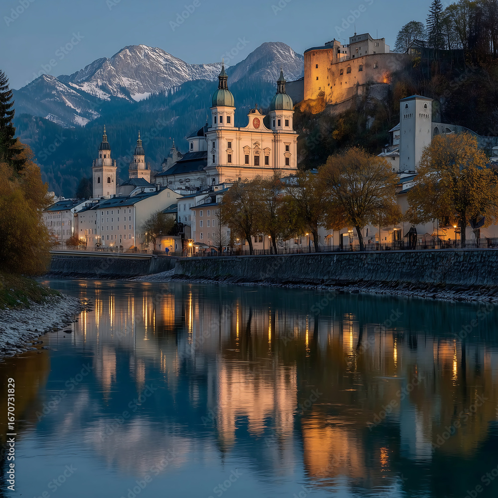 Obraz premium A picturesque view of salzburg, austria, showcasing the salzach river, the historic buildings, and the hohensalzburg fortress with the alps in the distance
