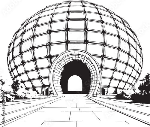 Futuristic dome outline. Sci-fi building concept in contour style.