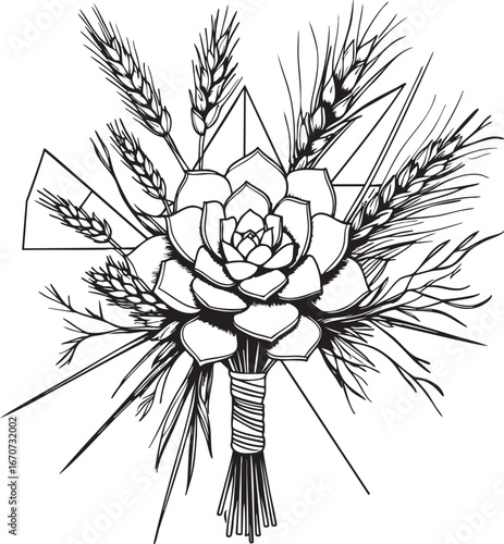 Modern succulent groom boutonniere outline illustration. Vector drawing of contemporary wedding lapel decoration with geometric arrangement of botanical elements.