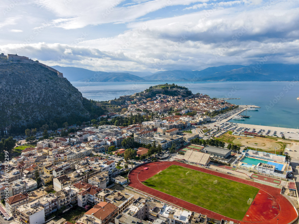 Obraz premium Aerial landscape city Nafplio former Greek Capitol winter sunny day in Mediterranean Greece