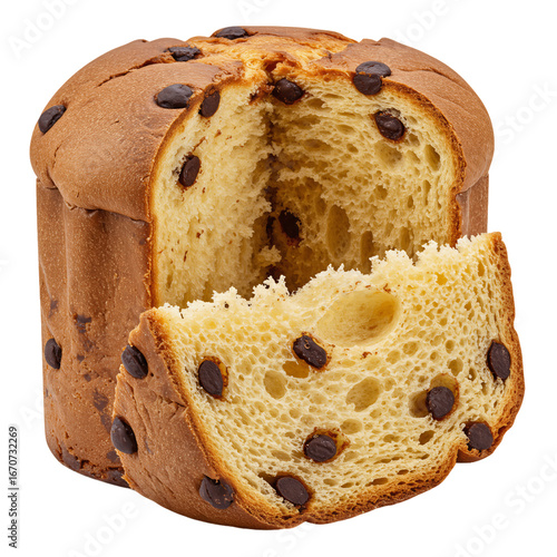 chocolate panettone with a slice cut out isolated PNG