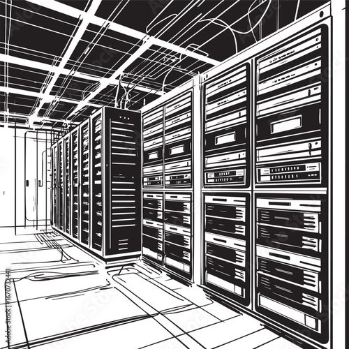 AI server room outline. Minimalist black and white vector showing futuristic data storage environment.