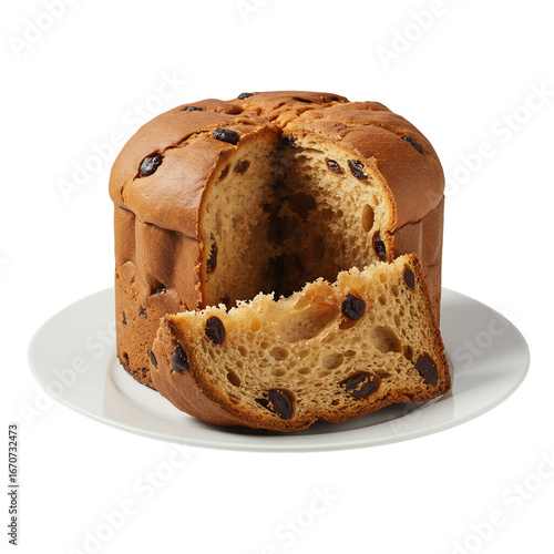 chocolate panettone with a slice cut out
