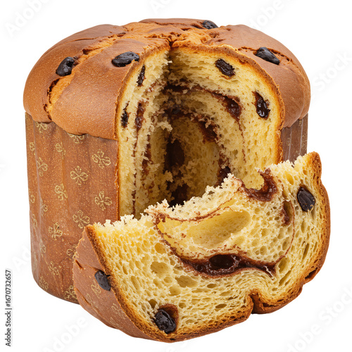 chocolate panettone with a slice cut out