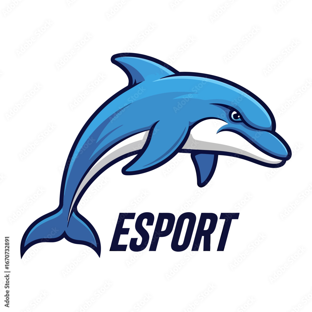 Fototapeta premium Dolphin E-Sport Logo: A vibrant illustration of a dolphin leaping joyfully, designed for the world of e-sports, conveying energy and motion.