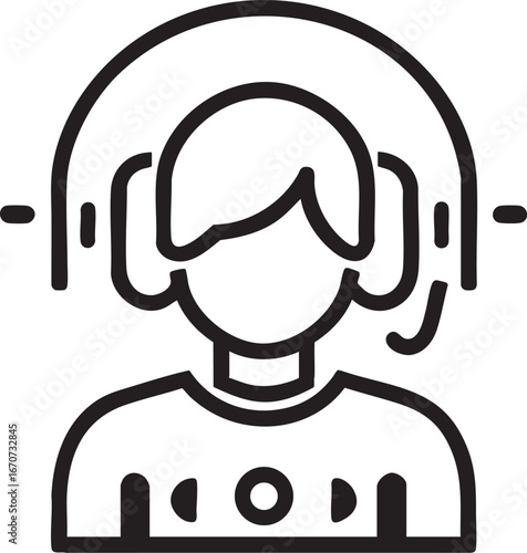 Podcast listener icon. Outline vector of person with headphones and sound waves minimalist design