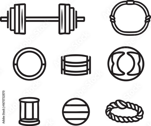 CrossFit equipment outline icon set. Monochrome illustrations of functional fitness tools for gym branding and apps.