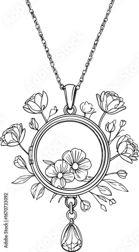 Bouquet charm locket outline. Minimalist black and white vector of wedding flower accessory.