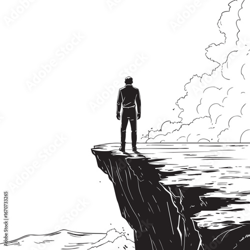 Courage outline illustration. Lone figure facing storm on cliff in black and white vector style.