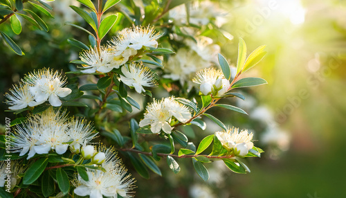 large blooming myrtle bush with white flowers and buds in soft daylight outdoor summer scene lush greenery concept perfect for eco design nature branding and seasonal wellness projects