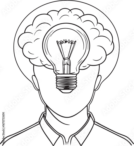 Outline concept of positive thinking with light bulb in head. Minimal black and white vector art