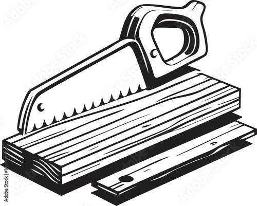 Saw and wood plank outline. Minimal vector icon of woodworking and building tools.