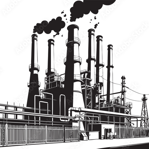Power plant outline. Industrial factory with smokestacks and pipes in line art format