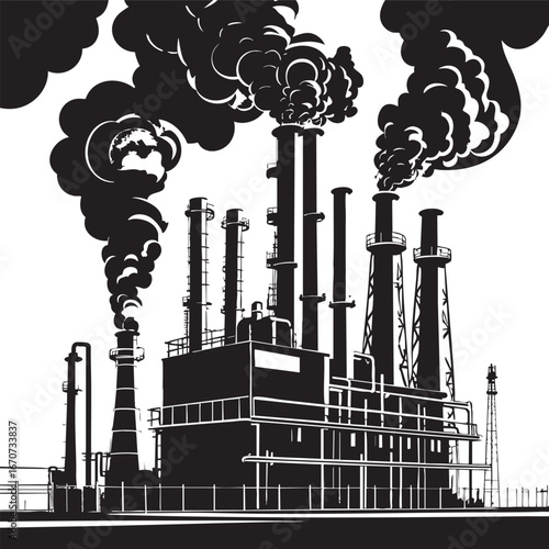 Power plant outline. Industrial factory with smokestacks and pipes in line art format