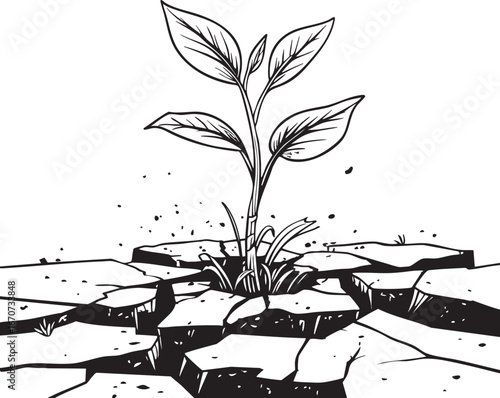 Sprouting plant through concrete as symbol of resilience – outline vector illustration