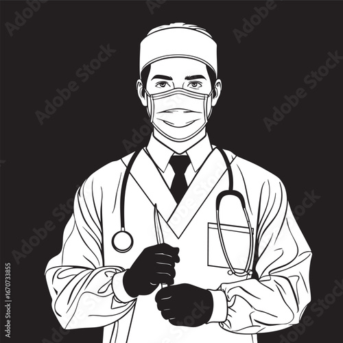 Outline vector illustration of surgeon in gown and mask holding scalpel
