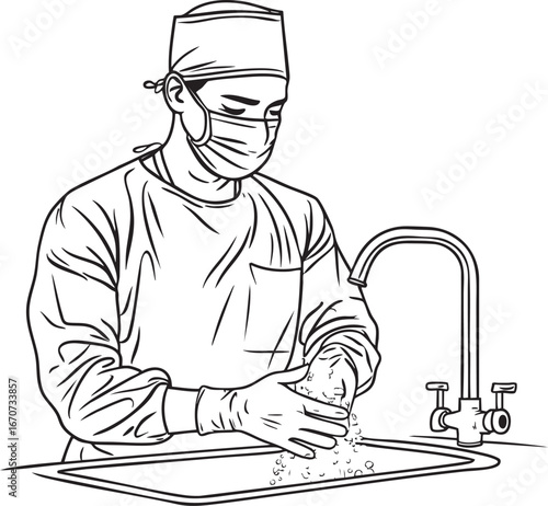 Surgeon washing hands before surgery clean outline vector illustration