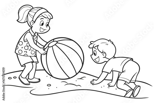 A boy and a girl are playing with a beach ball on the sand. The girl, with her hair in a ponytail, holds the ball with both hands.