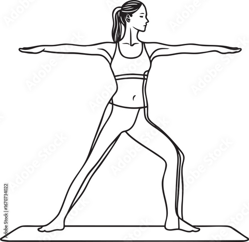Outline vector illustration of woman performing pilates on mat minimalist black line on white
