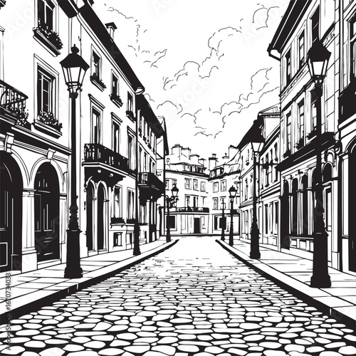 European old town street in outline style. Vector drawing with lamps and cobblestones
