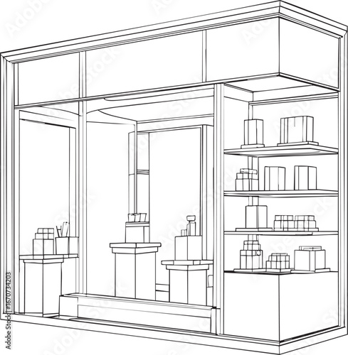 Elegant Retail Display Window Outline. Minimalist Product Showcase Design with Pedestals in Continuous Line Art.