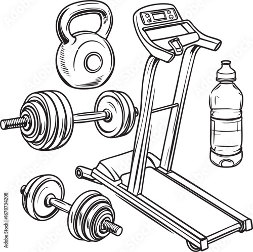 Gym equipment outline vector: dumbbells kettlebell treadmill water bottle
