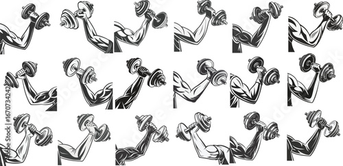 Fitness and workout vector illustration featuring line icons of gym equipment, strength training,