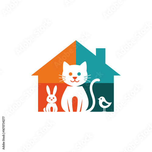 A cheerful illustration featuring a cat, rabbit, and bird inside a colorful house. Perfect for pet-related businesses.