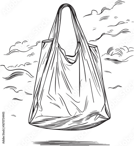 Plastic bag outline in wind. Minimalist black and white line art symbolizing plastic pollution