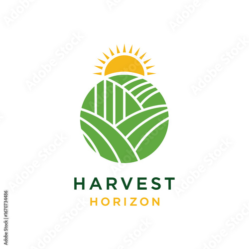 A stylized logo depicting a sun over rolling green fields, symbolizing harvest and growth.