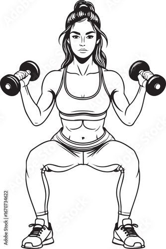 Outline vector of woman doing dumbbell squats clean minimal gym illustration
