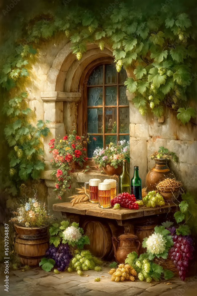 Naklejka premium A cozy outdoor scene with flowers, wine, and rustic decor.