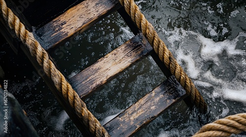 Dark Wooden Ship Ladder in Water with Rope