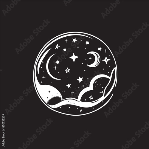 Dream bubble outline. Minimalist black and white vector with stars moons and floating fantasy elements.