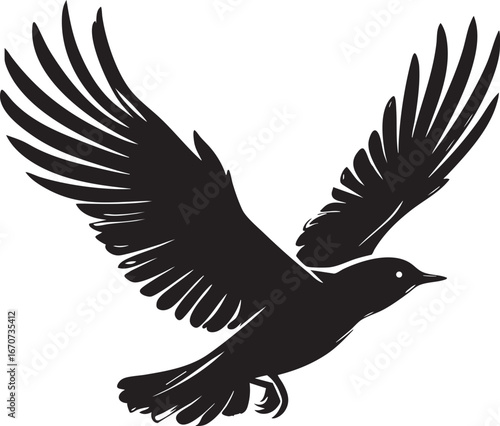 Flying bird silhouette outline. Minimalist vector with dynamic wings and open sky feeling.