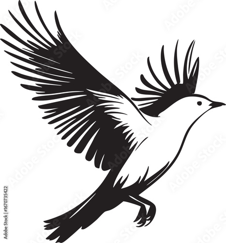 Flying bird silhouette outline. Minimalist vector with dynamic wings and open sky feeling.