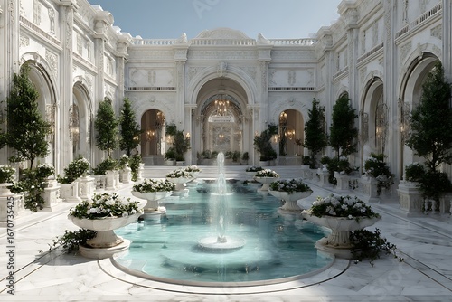 Elegant marble courtyard with fountain, lush greenery, and classic architecture, perfect for luxury branding and design projects