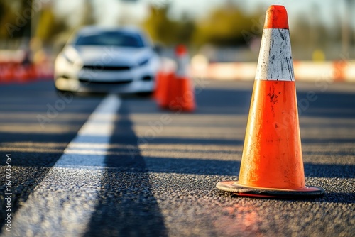 Orange traffic cones mark a lane on a road with a car in the background
