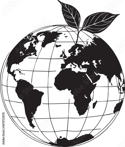 Globe with leaf outline. Minimalist vector symbol of global sustainability and eco-consciousness.