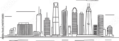 Modern city skyline outline. Minimalist black and white vector illustration of skyscrapers.