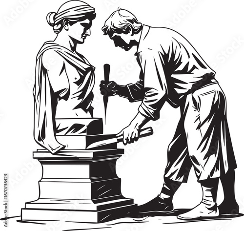Sculptor at work outline. Minimalist black and white vector symbolizing dedication and craftsmanship.