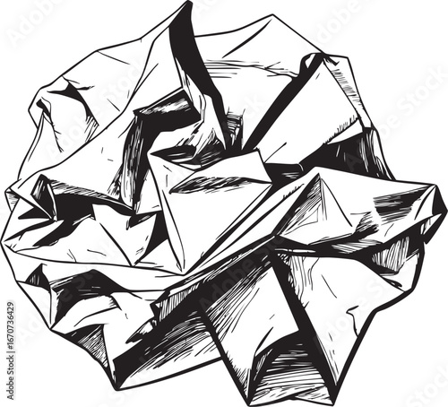 Crumpled paper outline. Minimalist black and white vector with detailed folds and creases.