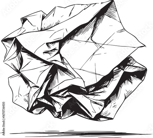Crumpled paper outline. Minimalist black and white vector with detailed folds and creases.
